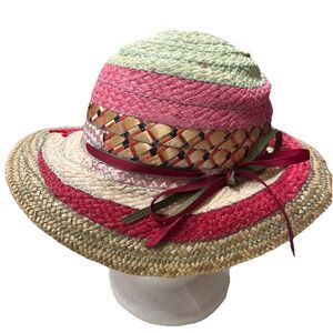 Vtg Miriam Lefcourt Straw Womens Hat Made in Italy Colorful Vibrant Vintage Pink